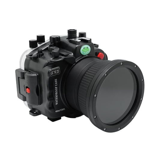 Sony A7R IV 40M/130FT Underwater camera housing with 67mm threaded flat port for FE 90mm macro lens (focus gear included) and standard port bundle. Black