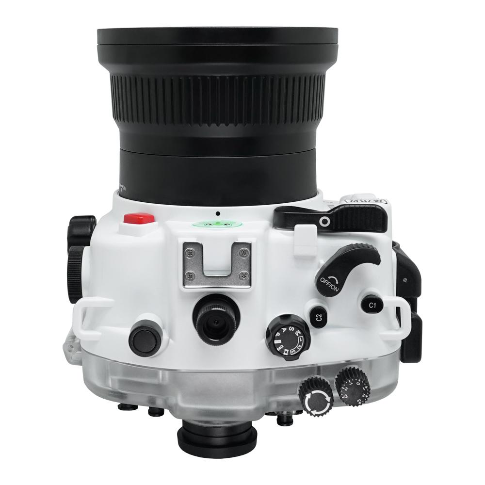 Sony A7R IV 40M/130FT Underwater camera housing with 67mm threaded flat port for FE 90mm macro lens (focus gear included) and standard port bundle. White