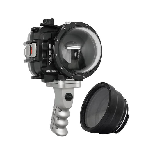 60M/195FT Waterproof housing for Sony RX1xx series Salted Line with Aluminium Pistol Grip & 4" Dry Dome Port (Black)