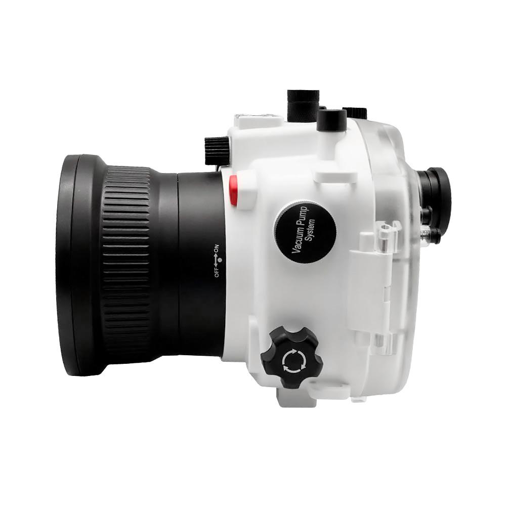 Sony A7R III 40M/130FT Underwater camera housing with 67mm threaded flat port for FE 90mm macro lens (focus gear included) and standard port bundle. White