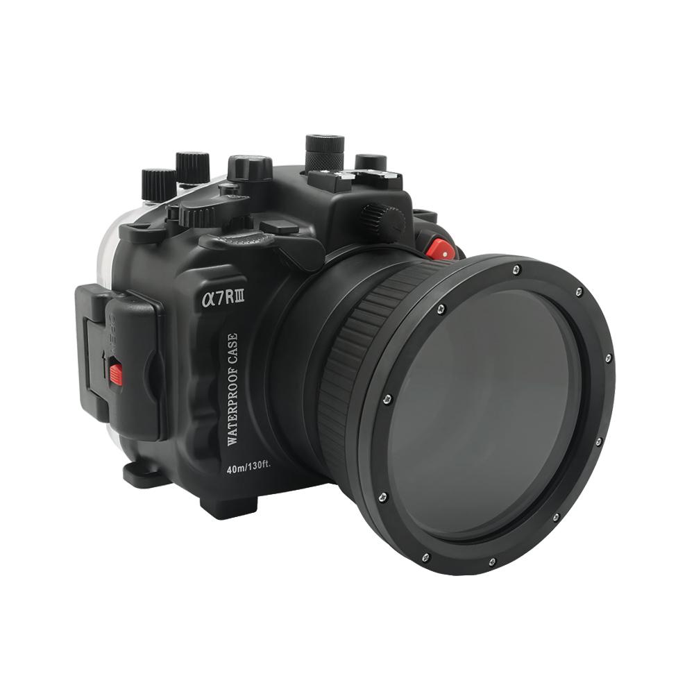 Sony A7 III 40M/130FT Underwater camera housing with 67mm threaded flat port for FE 90mm macro lens (focus gear included) and standard port bundle. Black
