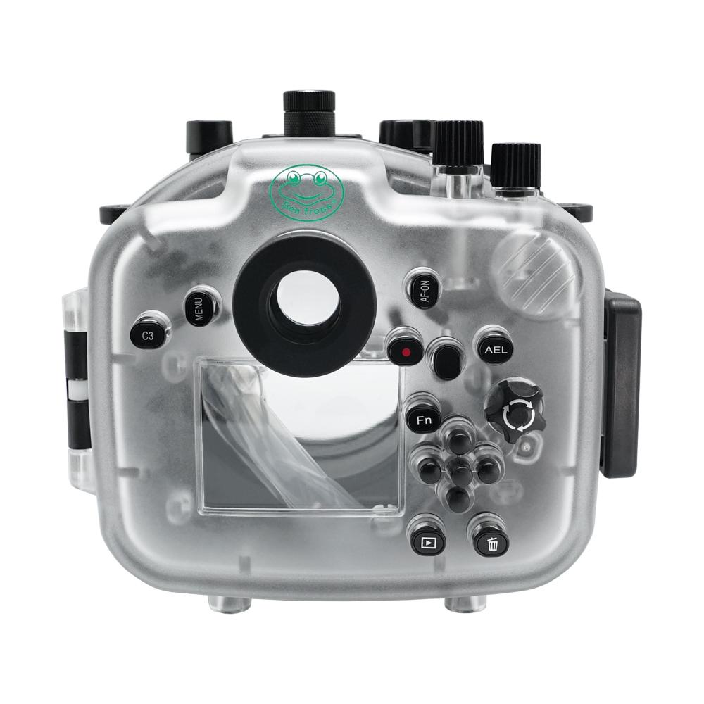 Sony A7R IV 40M/130FT Underwater camera housing with 67mm threaded flat port for FE 90mm macro lens (focus gear included) and standard port bundle. Black
