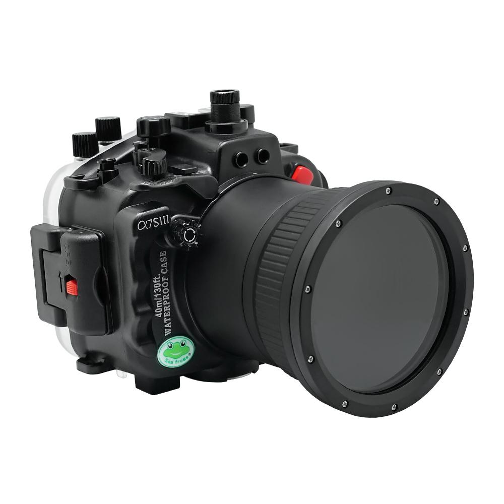 Sony A7S III 40M/130FT Underwater camera housing (Including Flat Long port) Focus gear for FE 90mm / Sigma 35mm included. Black