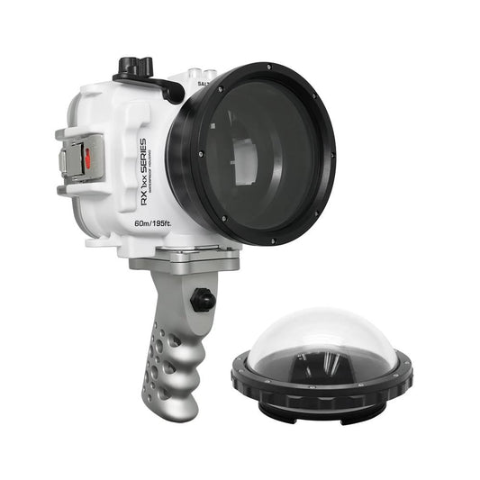 60M/195FT Waterproof housing for Sony RX1xx series Salted Line with Aluminium Pistol Grip & 4" Dry Dome Port (White)