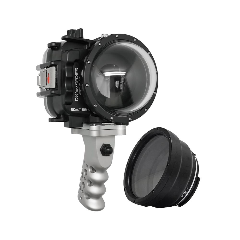 60M/195FT Waterproof housing for Sony RX1xx series Salted Line with Aluminium Pistol Grip & 4" Dry Dome Port (Black)