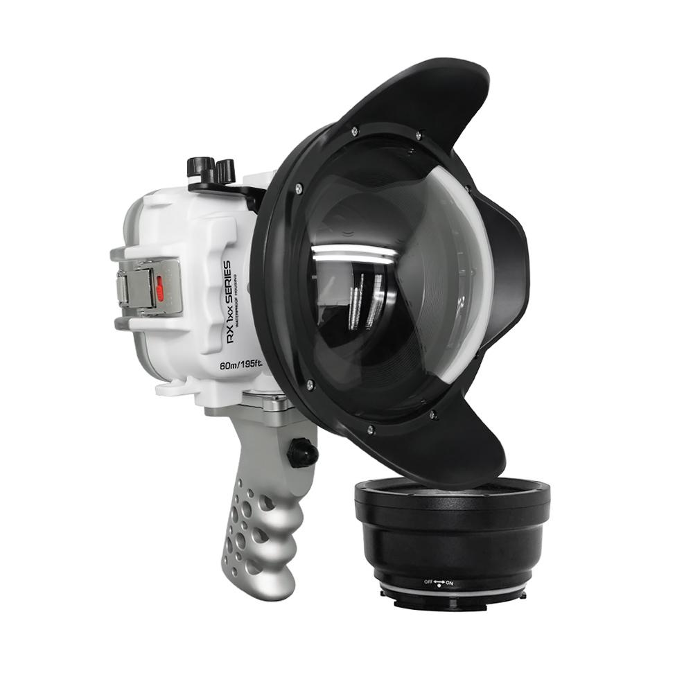 60M/195FT Waterproof housing for Sony RX1xx series Salted Line with Aluminium Pistol Grip & 6" Dry Dome Port(White)