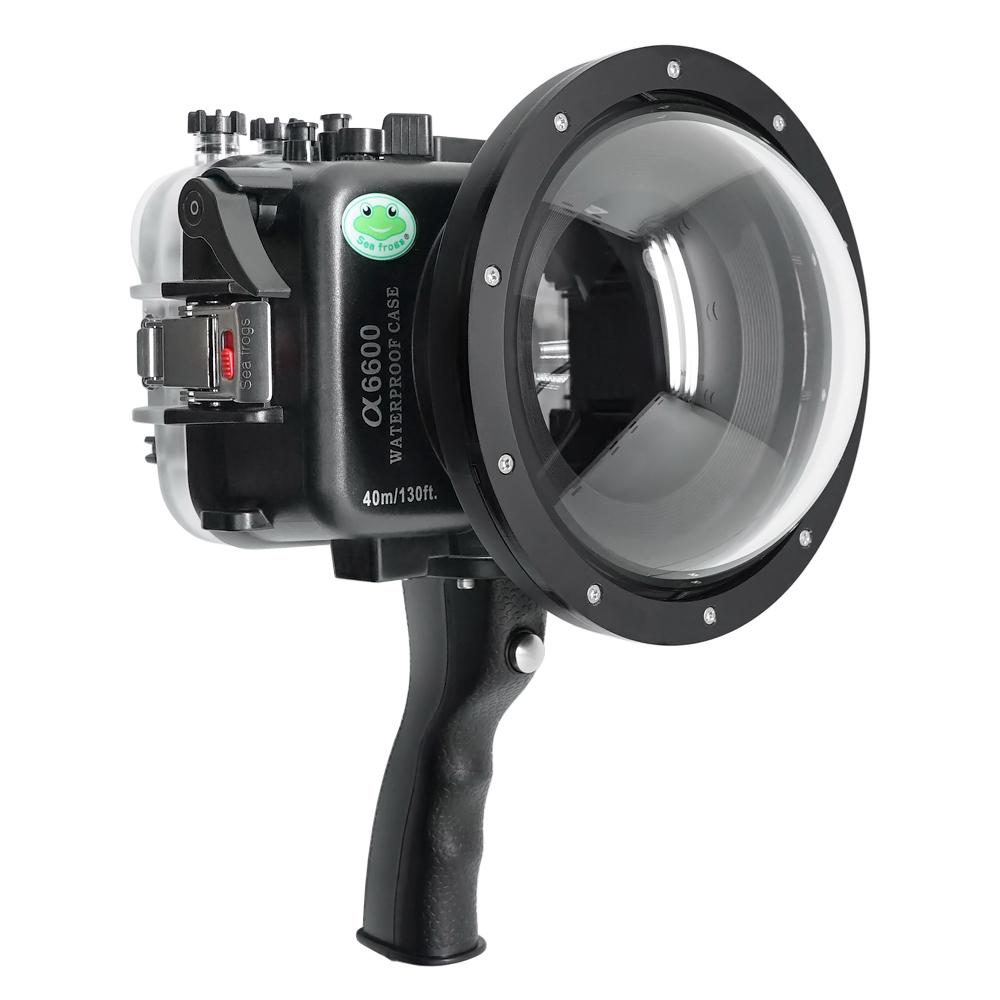 Sony A6600 SeaFrogs 40M/130FT UW housing with 6" Dry Dome Port for E10-18mm lens (zoom gear included), Standard port for E16-50mm (zoom gear included) and with Pistol Grip. Surf